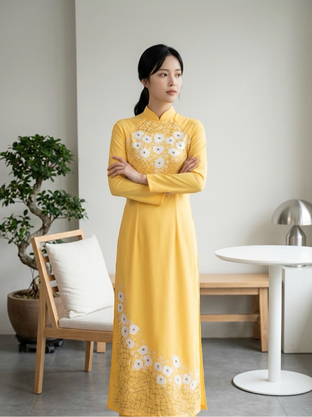Yellow Floral Long-Sleeve Maxi Dress with Embroidered Motif